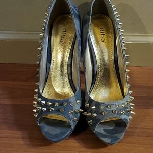 CAMOUFLAGE EUC SPIKED PEEP-TOE HEELS by DIBA